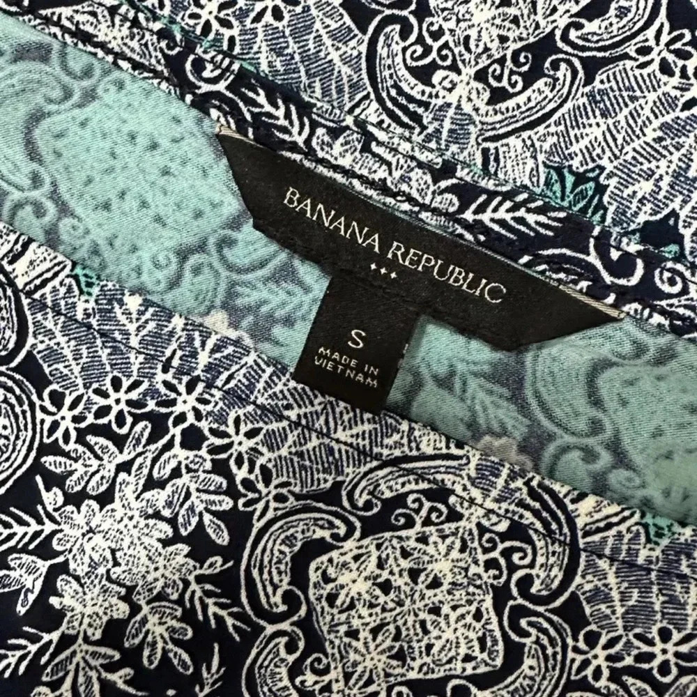 BANANA REPUBLIC Blue Black floral paisley Shift dress Waist Tie Long Sleeve Sz S - Picture 5 of 6